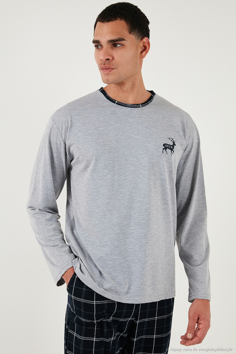 Pamuklu Regular Fit Bisiklet Yaka Ekoseli Erkek Pijama Takımı 6574001 GRİ