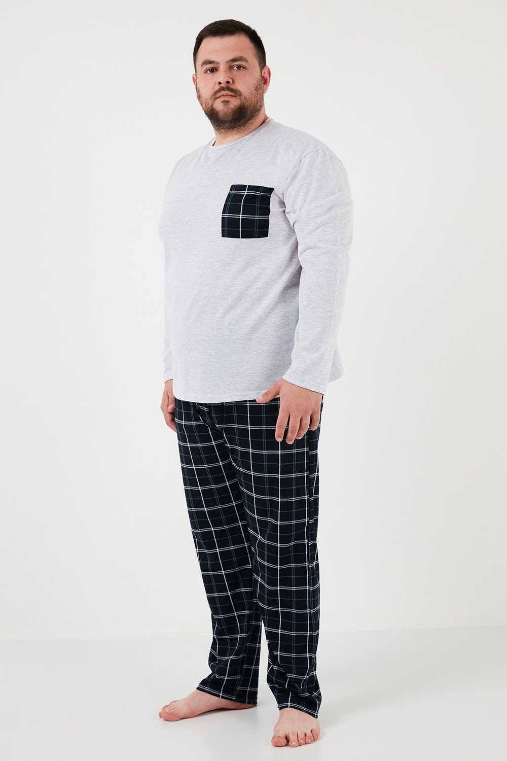 Pamuklu Regular Fit Büyük Beden Erkek Pijama Takımı 6572001B GRİ MELANJ