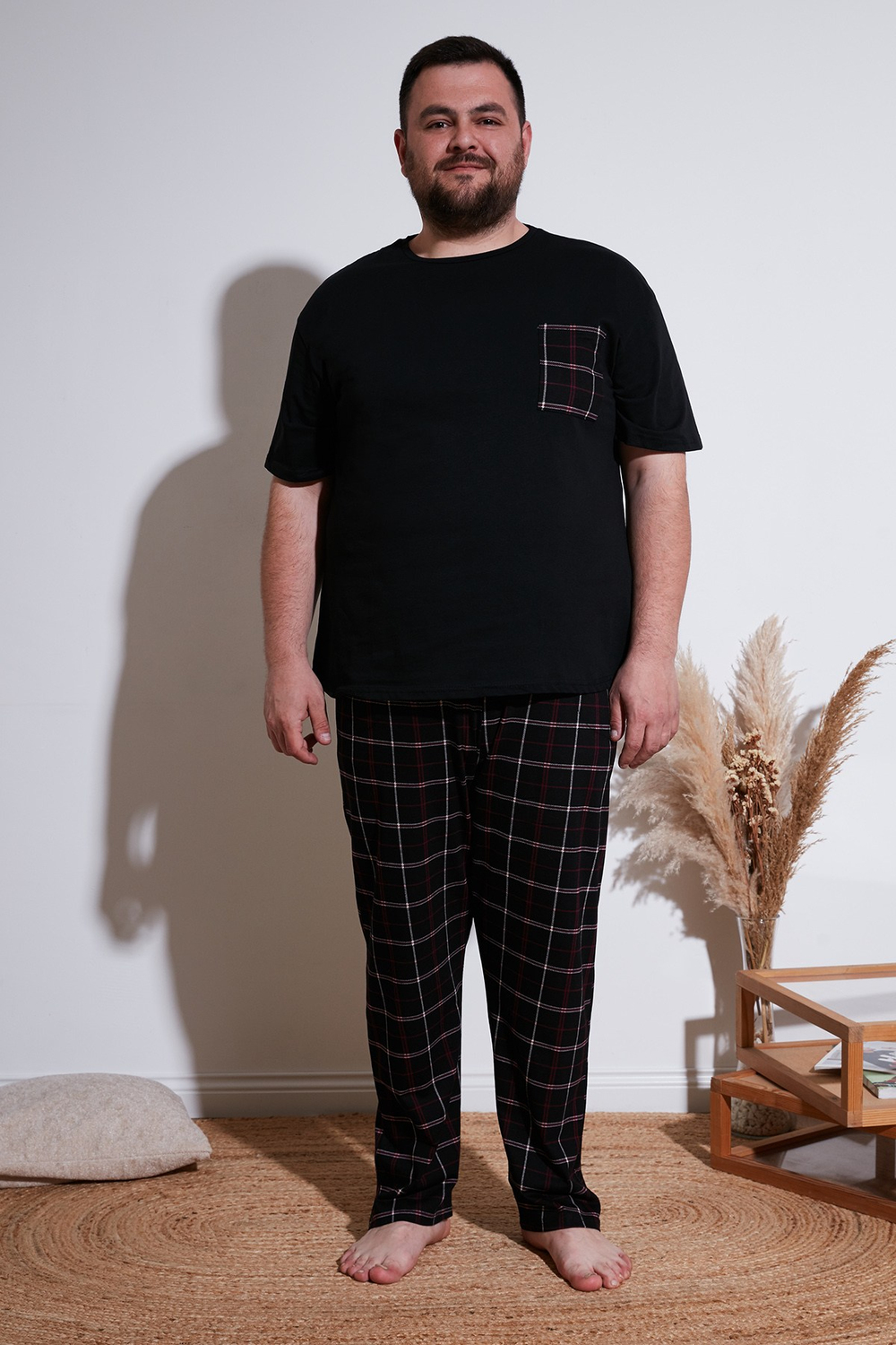 Pamuklu Regular Fit Büyük Beden Erkek Pijama Takımı 6572002B SİYAH