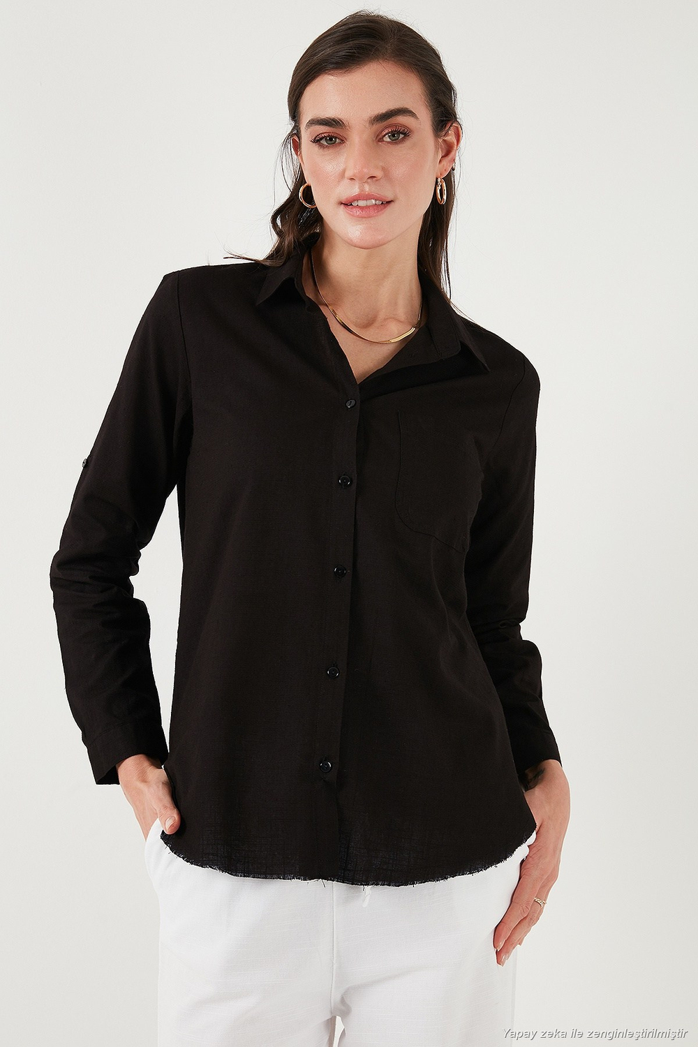 Pamuklu Regular Fit Cepli Kadın Gömlek CF25S16992 SİYAH