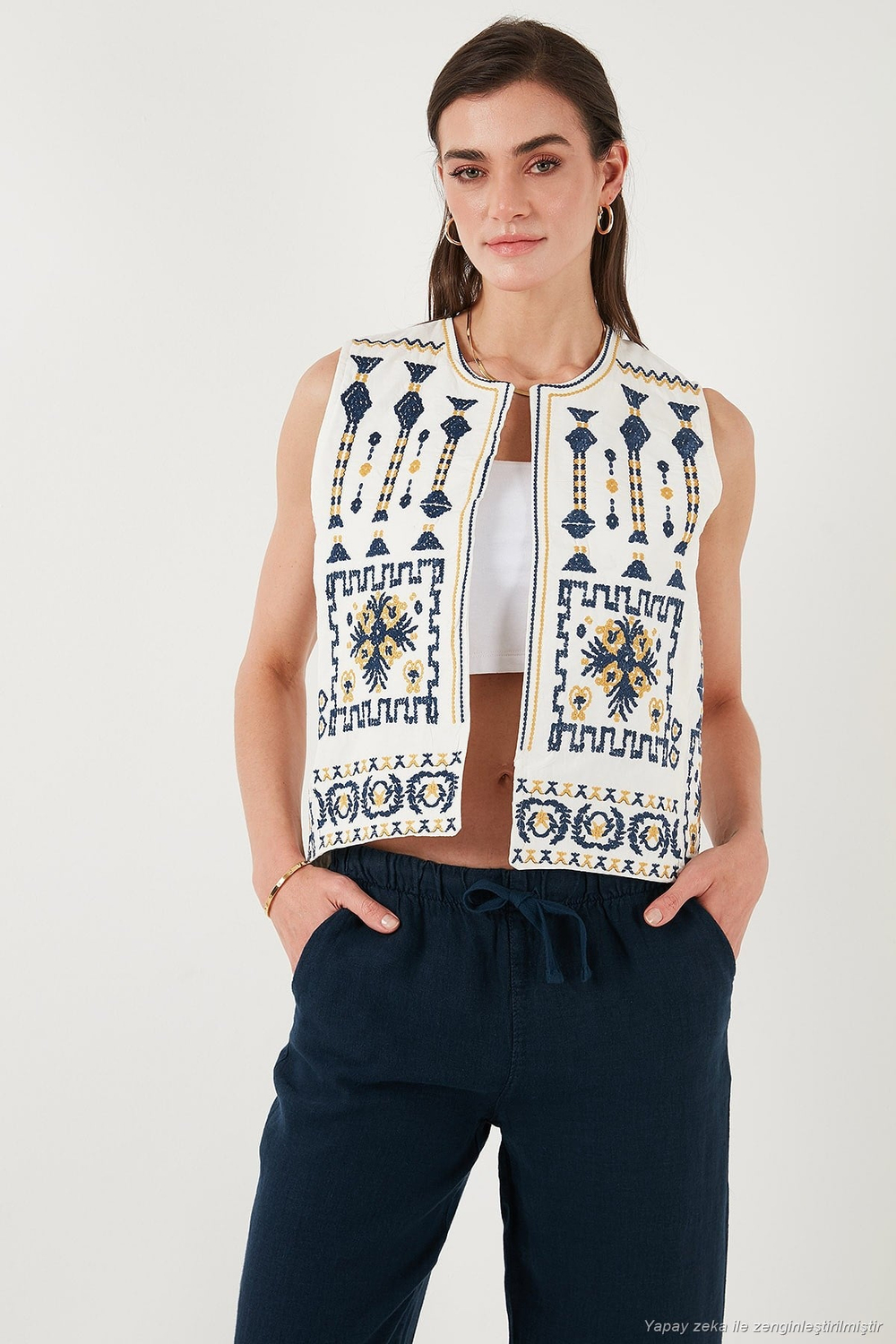 Pamuklu Regular Fit Çiçekli Nakış İşlemeli Kadın Yelek 676293 EKRU