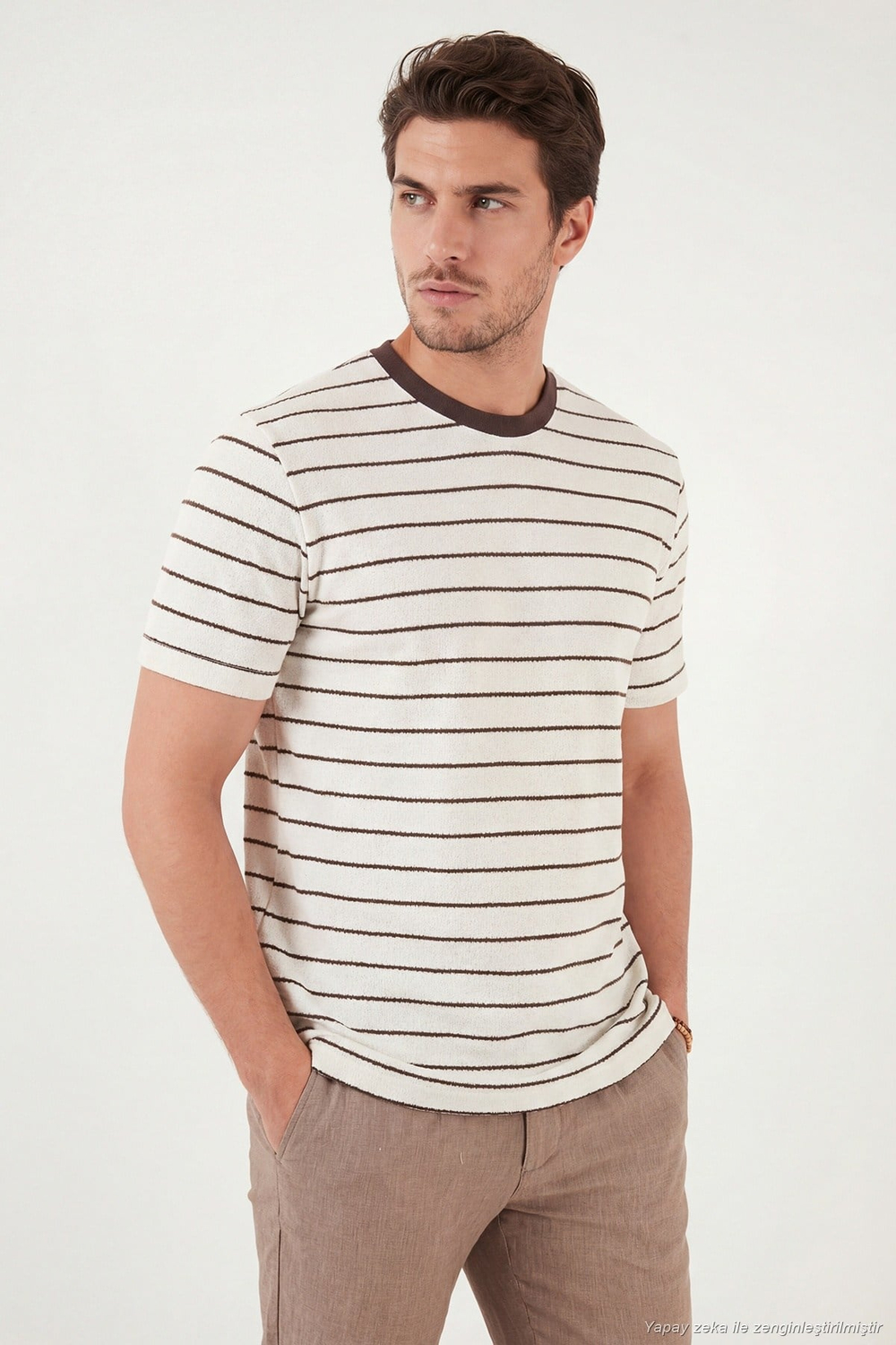 Pamuklu Regular Fit Çizgili Bisiklet Yaka Erkek T Shirt 5904039 KAHVE