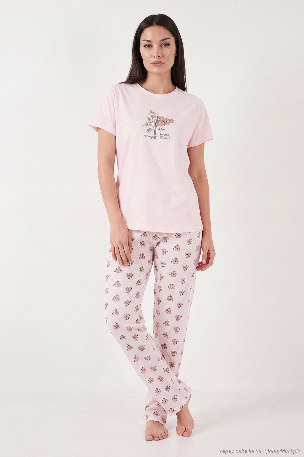 Pamuklu Regular Fit Desenli Bisiklet Yaka Kadın Pijama Takımı 65790784 PEMBE