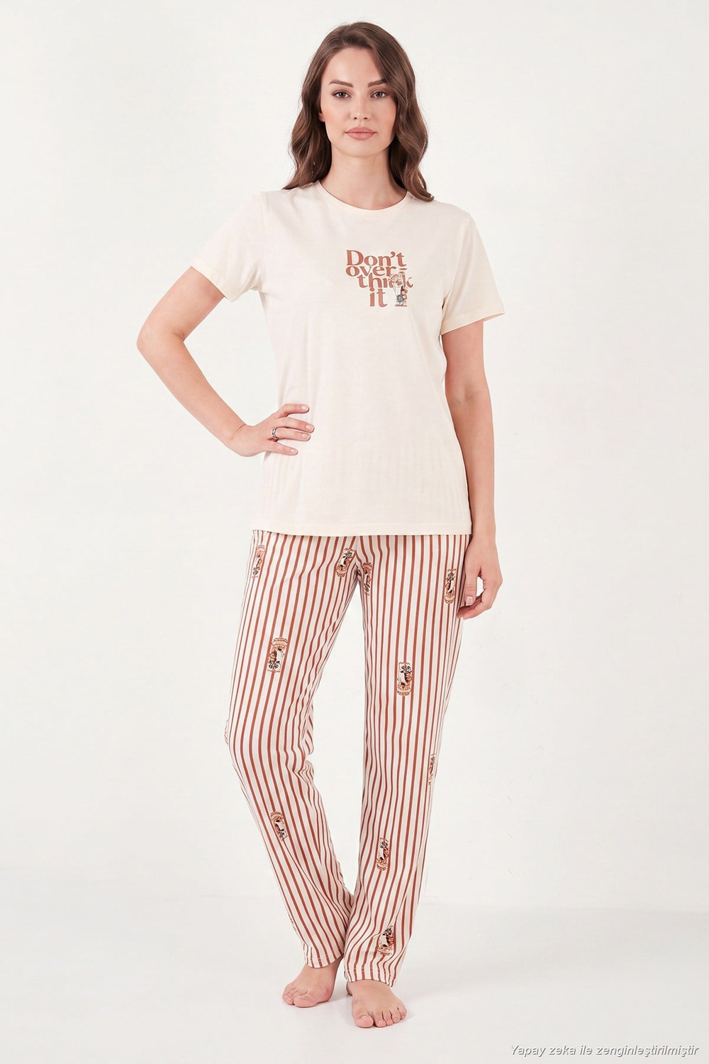 Pamuklu Regular Fit Desenli Bisiklet Yaka Kadın Pijama Takımı 65790784 EKRU-KAHVE