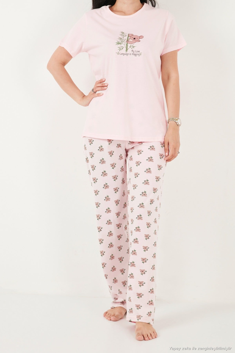 Pamuklu Regular Fit Desenli Bisiklet Yaka Kadın Pijama Takımı 65790784 PEMBE