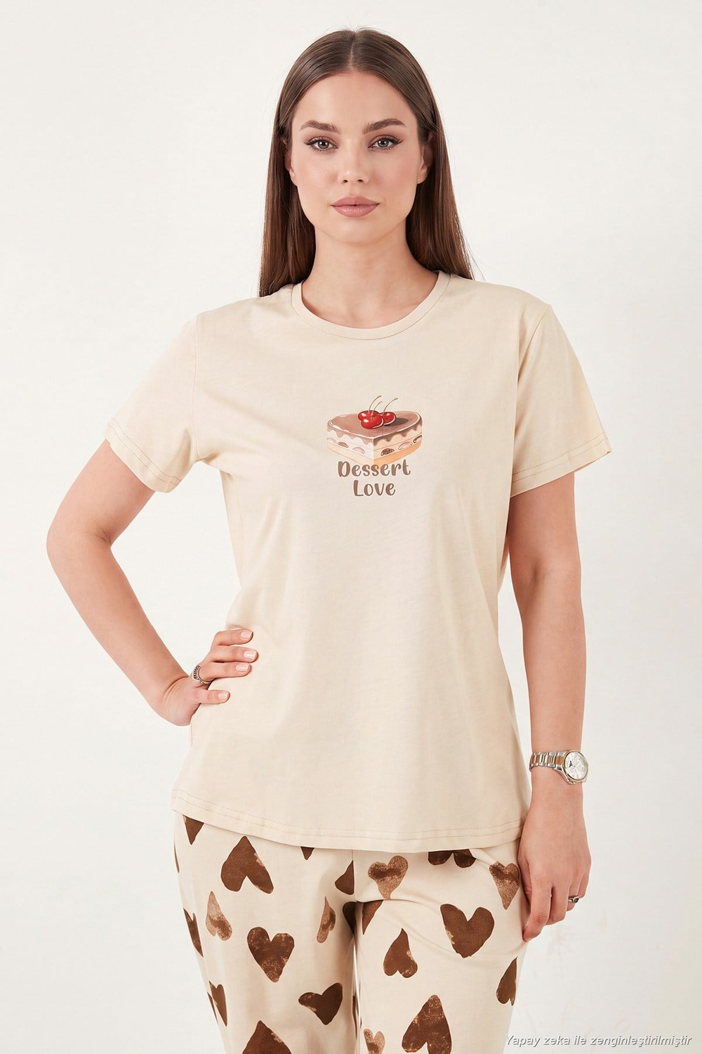 Pamuklu Regular Fit Desenli Bisiklet Yaka Kadın Pijama Takımı 65790784 KAHVE