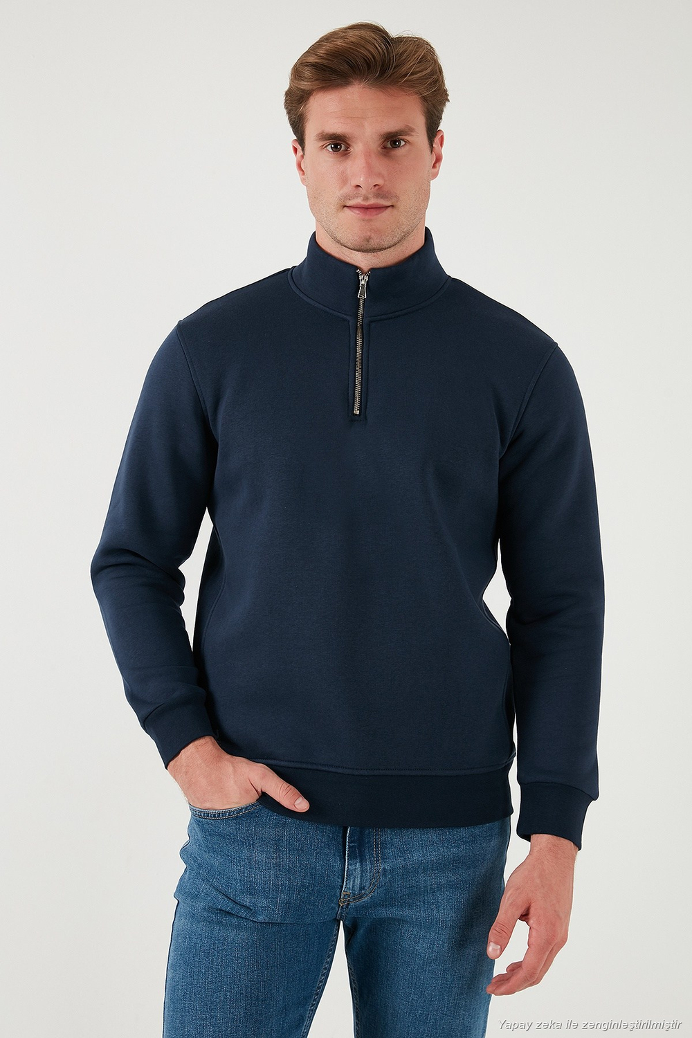 Pamuklu Regular Fit Dik Yaka Şardonlu 2li Paket Erkek Sweat 59052592S2 Koyu Lacivert-Antrasit