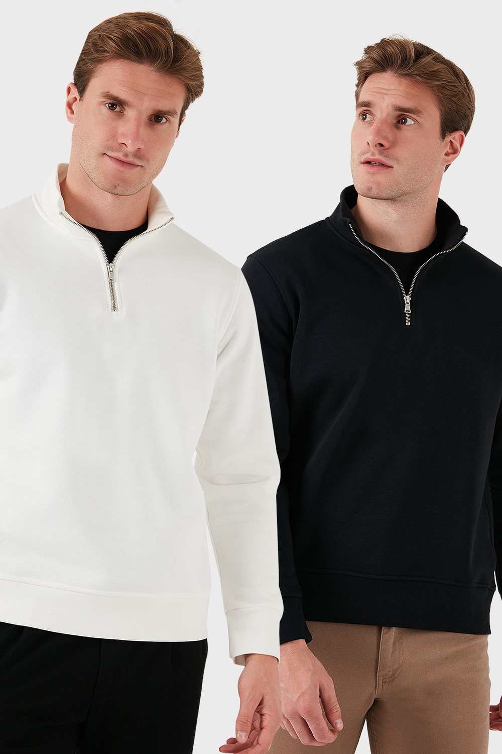 Pamuklu Regular Fit Dik Yaka Şardonlu 2li Paket Erkek Sweat 59052592S2 EKRU-SİYAH