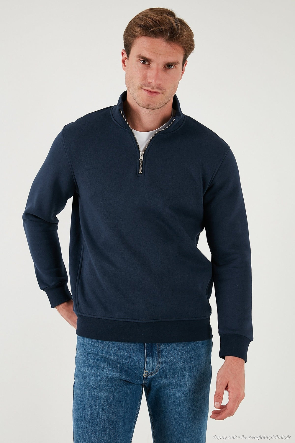 Pamuklu Regular Fit Dik Yaka Şardonlu 2li Paket Erkek Sweat 59052592S2 AÇIK HAKİ-KOYU LACİVERT