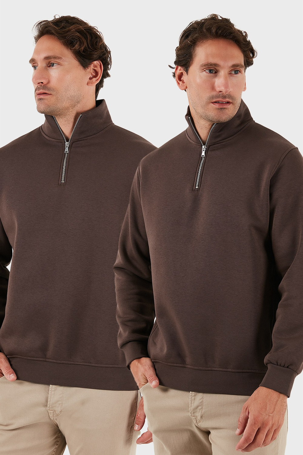 Pamuklu Regular Fit Dik Yaka Şardonlu 2li Paket Erkek Sweat 59052592S2 Koyu Kahve-Koyu Kahve