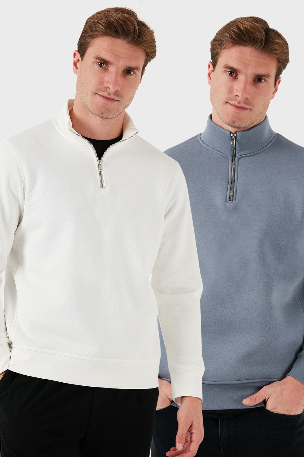Pamuklu Regular Fit Dik Yaka Şardonlu 2li Paket Erkek Sweat 59052592S2 Ekru-Koyu Gri