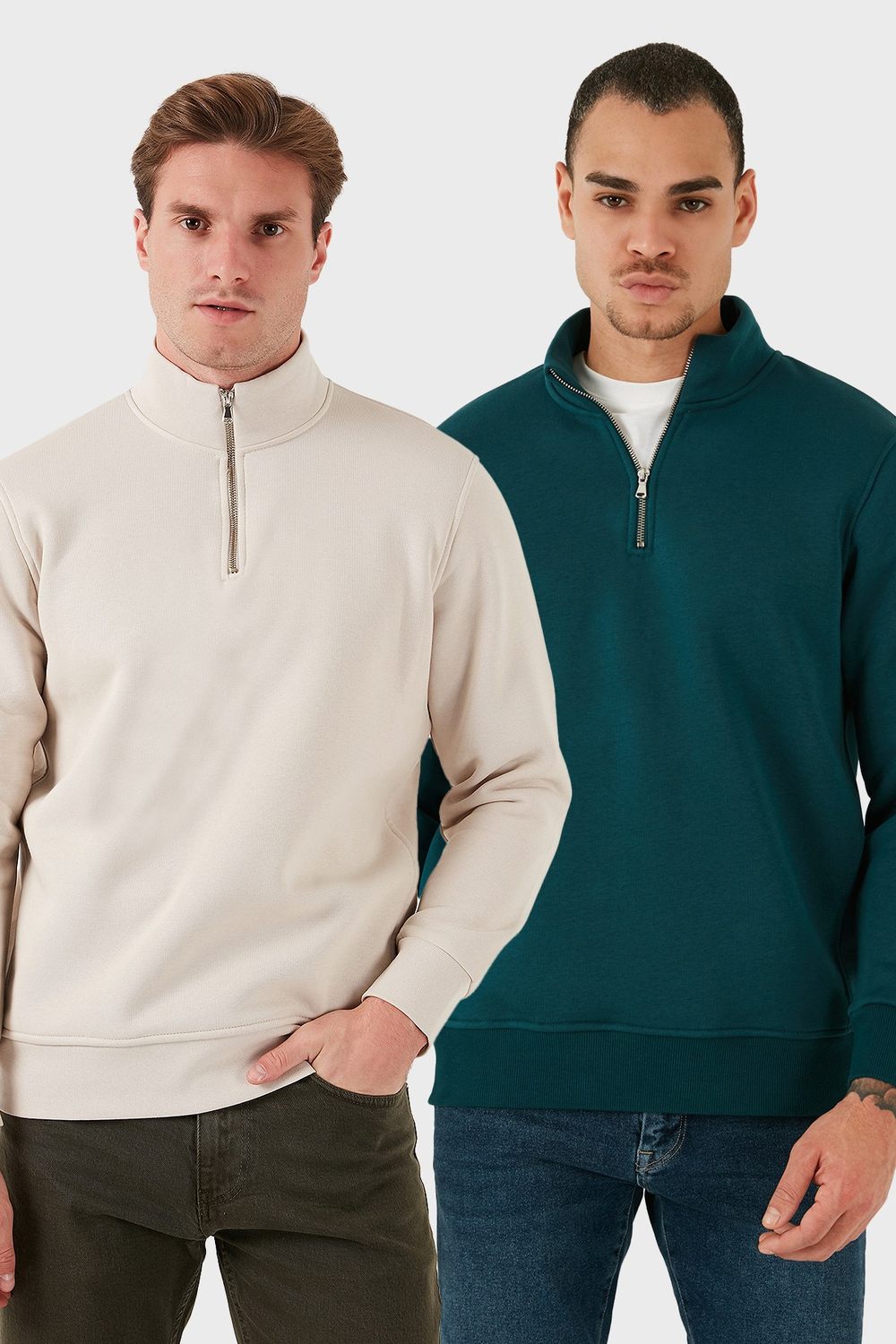 Pamuklu Regular Fit Dik Yaka Şardonlu 2li Paket Erkek Sweat 59052592S2 PETROL-KUM