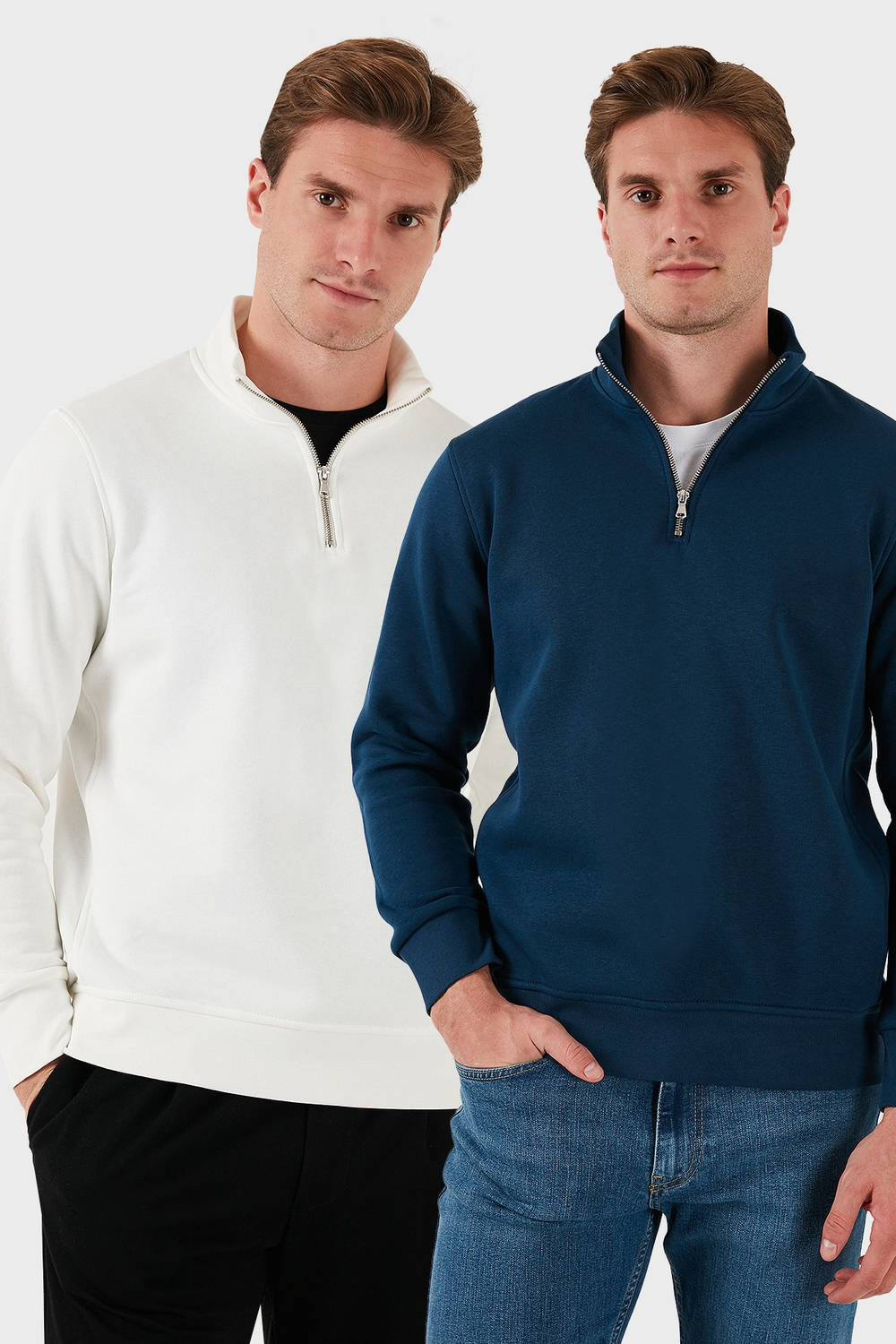 Pamuklu Regular Fit Dik Yaka Şardonlu 2li Paket Erkek Sweat 59052592S2 Ekru-İndigo