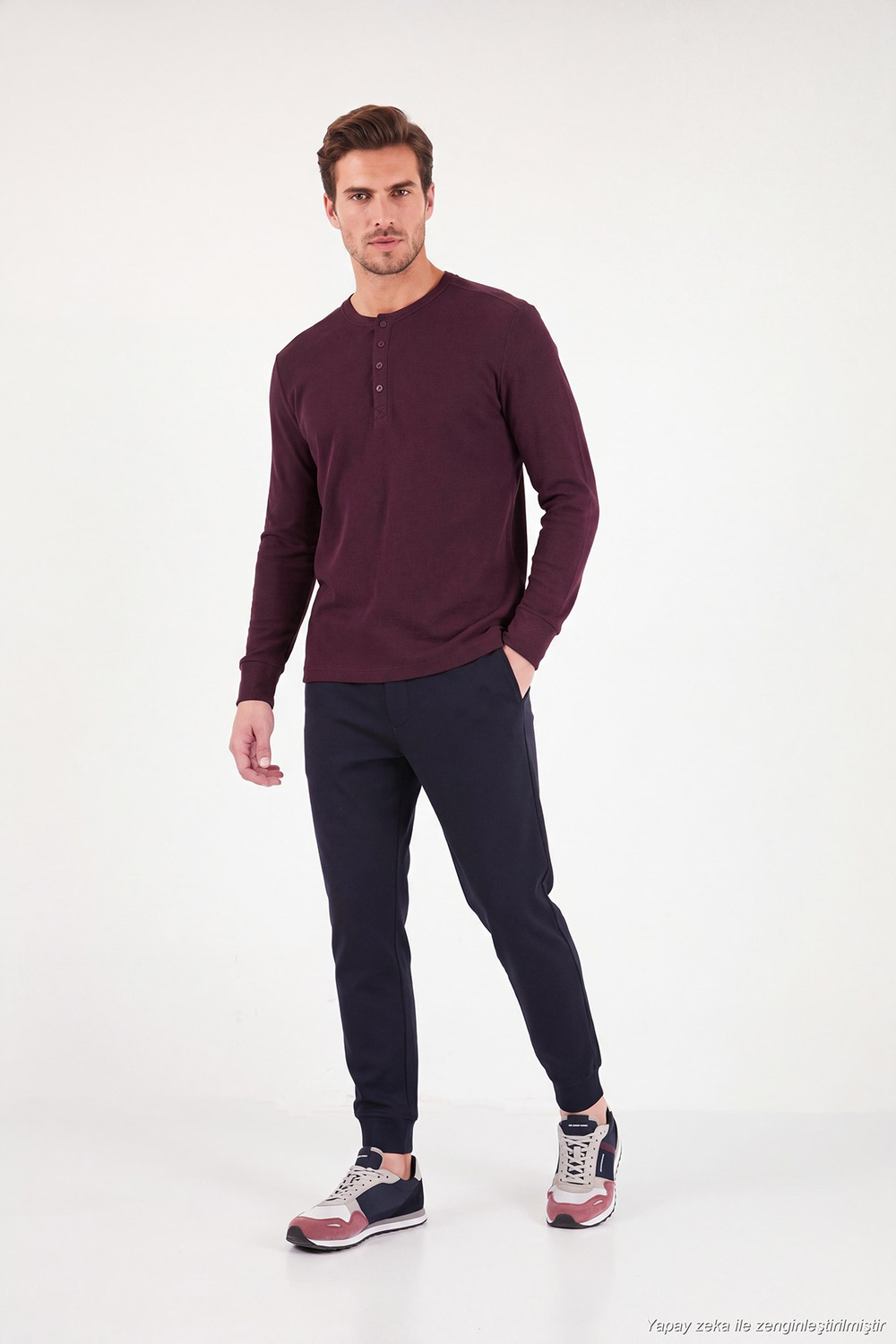 Pamuklu Regular Fit Düğmeli Bisiklet Yaka Erkek Sweat 5905852 VİŞNE