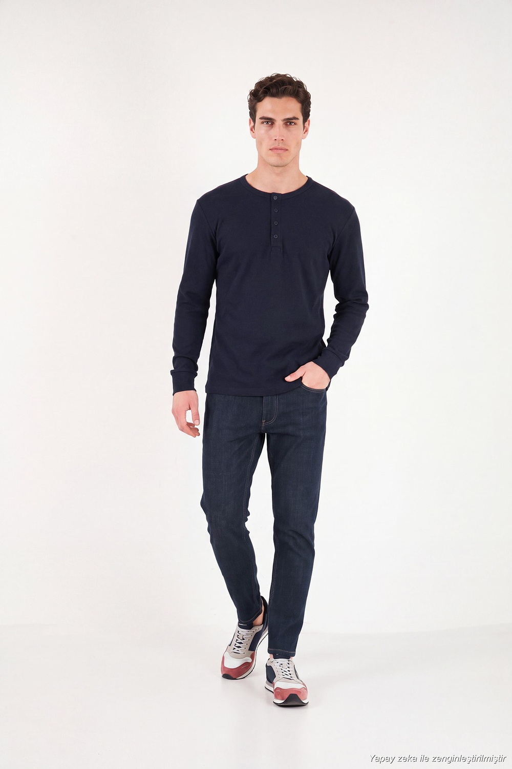 Pamuklu Regular Fit Düğmeli Bisiklet Yaka Erkek Sweat 5905852 LACİVERT