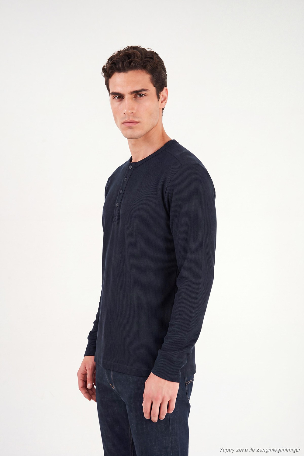 Pamuklu Regular Fit Düğmeli Bisiklet Yaka Erkek Sweat 5905852 LACİVERT