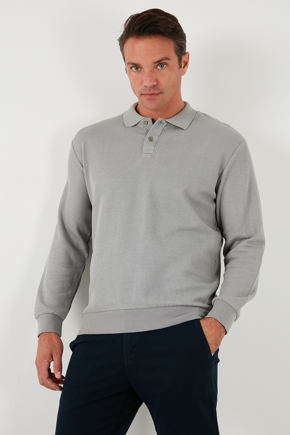 Pamuklu Regular Fit Düğmeli Polo Yaka Erkek Sweat 5905739 GRİ