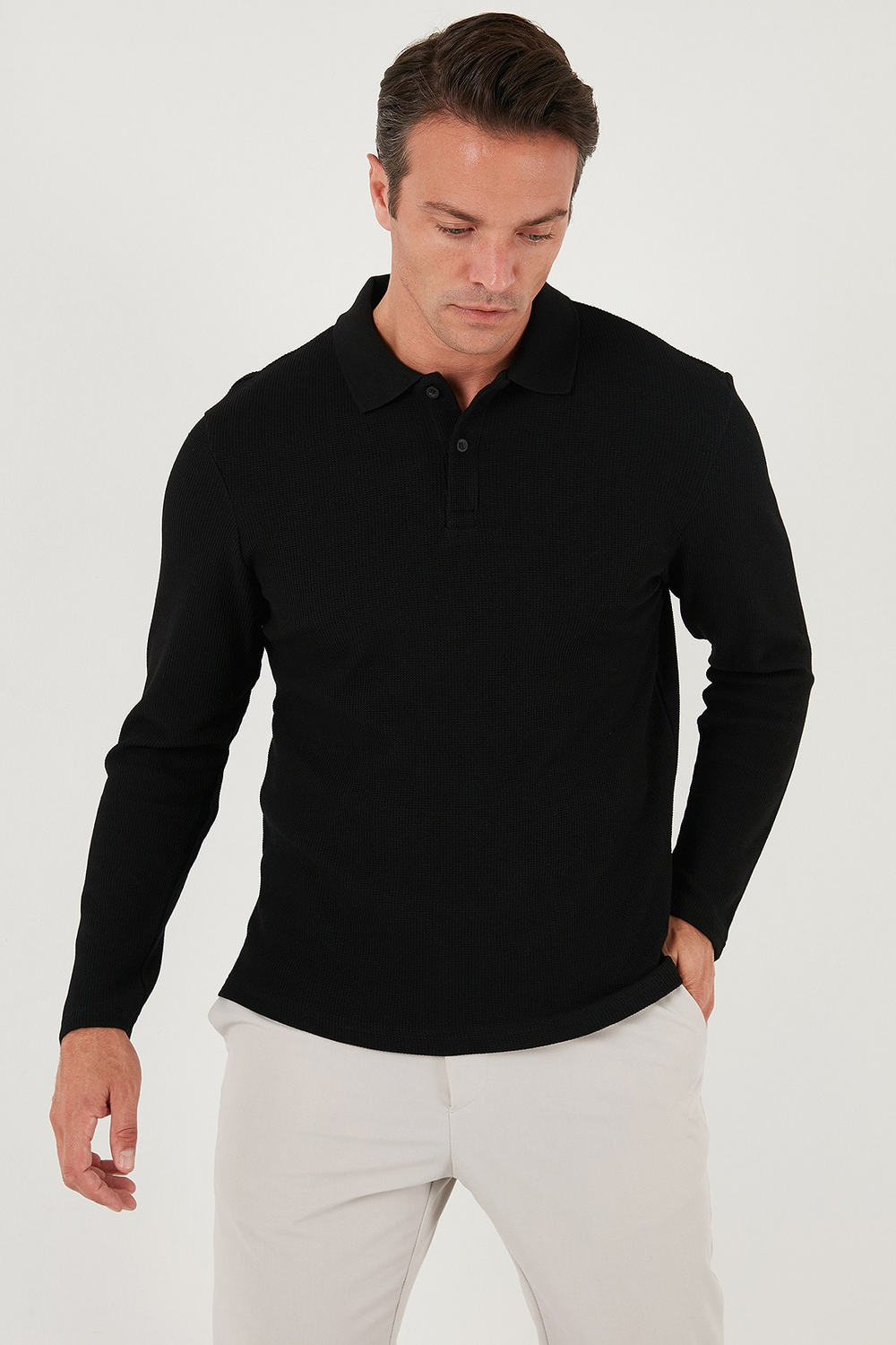 Pamuklu Regular Fit Düğmeli Polo Yaka Erkek Sweat 5905708 SİYAH
