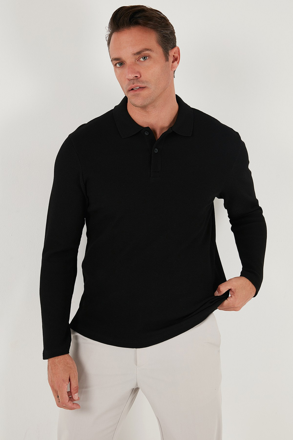 Pamuklu Regular Fit Düğmeli Polo Yaka Erkek Sweat 5905708 SİYAH