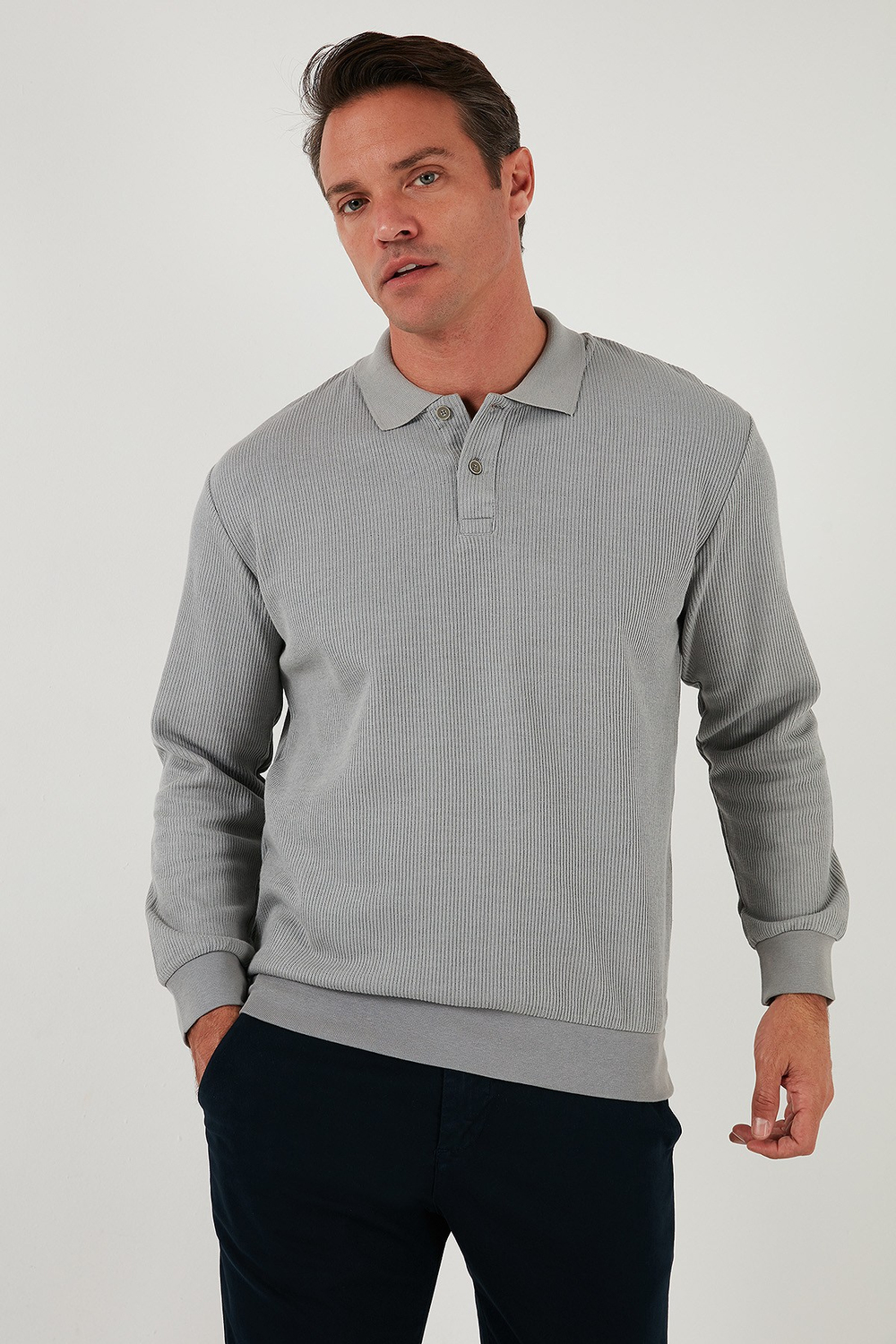 Pamuklu Regular Fit Düğmeli Polo Yaka Erkek Sweat 5905739 GRİ