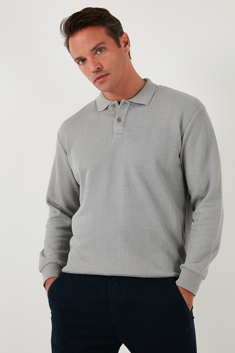 Pamuklu Regular Fit Düğmeli Polo Yaka Erkek Sweat 5905739 GRİ