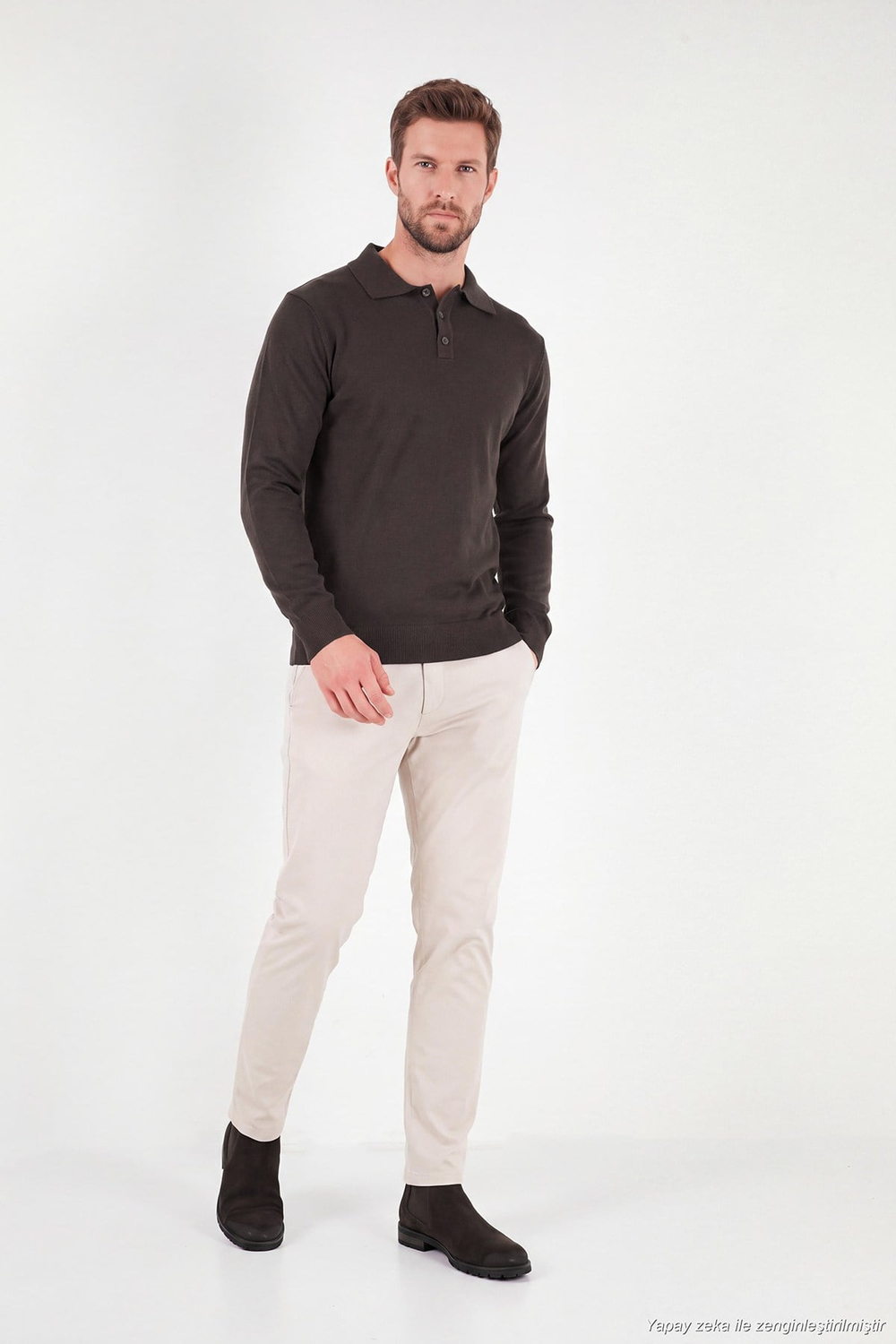 Pamuklu Regular Fit Düğmeli Uzun Kollu Erkek Polo 7024733 KAHVE