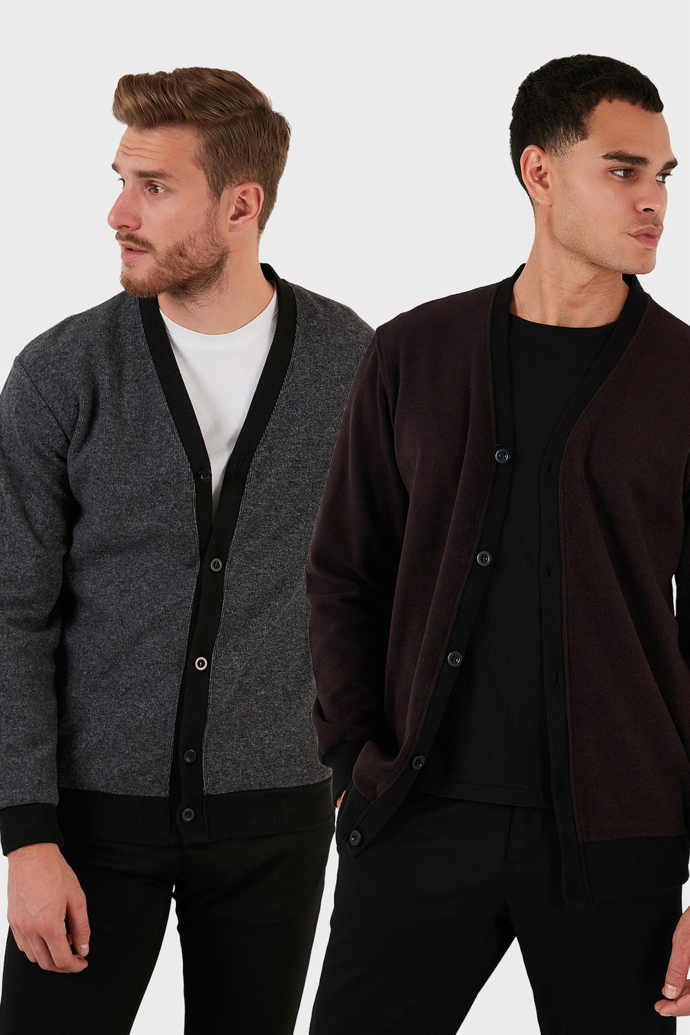 Pamuklu Regular Fit Düğmeli V Yaka 2li Paket Erkek Hırka 456205S2 BORDO-GRİ