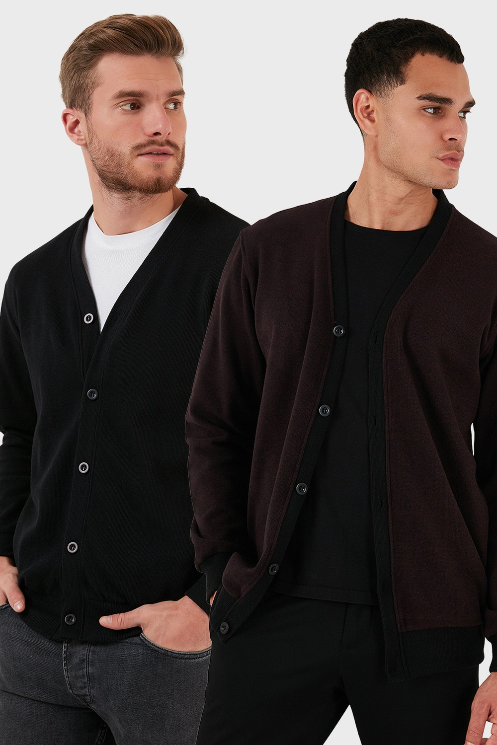 Pamuklu Regular Fit Düğmeli V Yaka 2li Paket Erkek Hırka 456205S2 BORDO-SİYAH