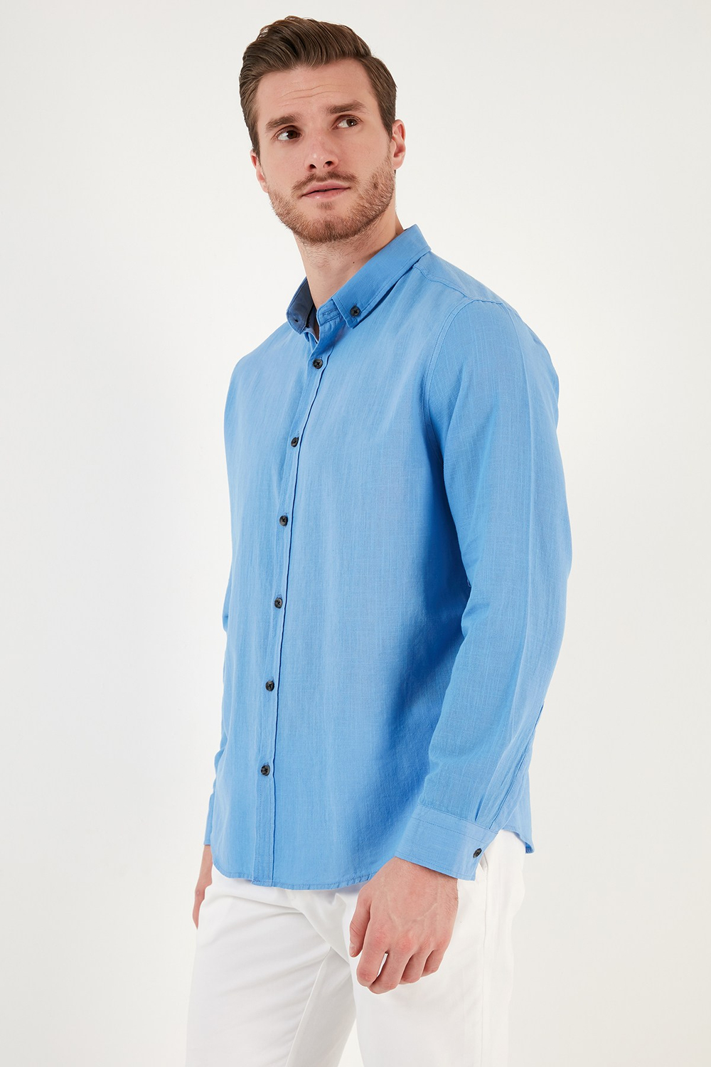 Pamuklu Regular Fit Düğmeli Yaka Erkek Gömlek CF20S111871 KOYU MAVİ
