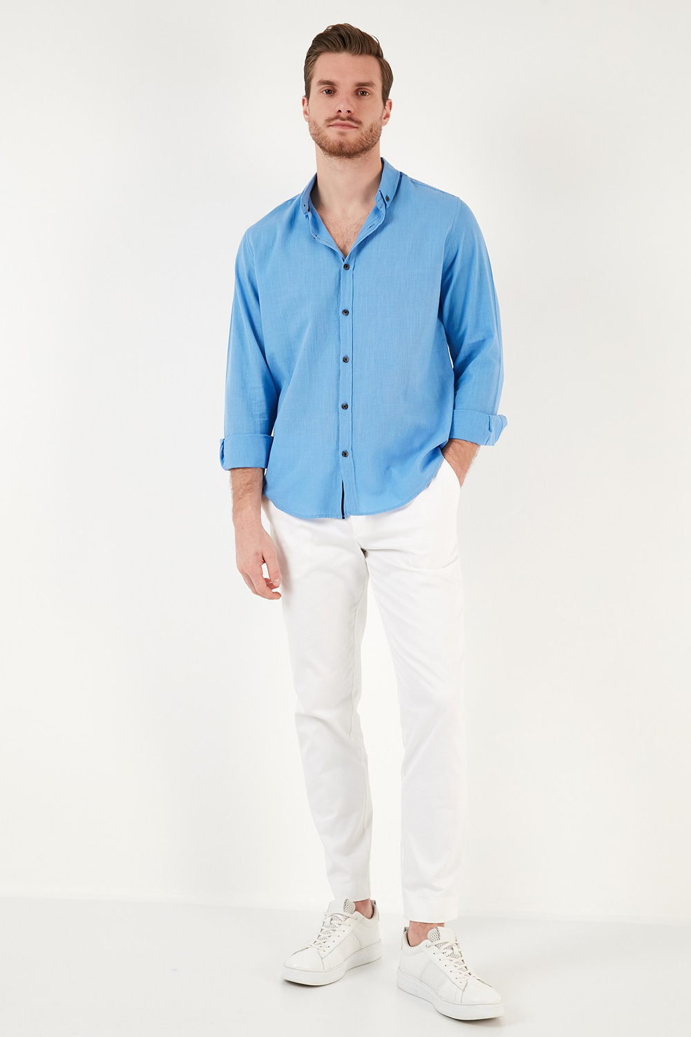 Pamuklu Regular Fit Düğmeli Yaka Erkek Gömlek CF20S111871 KOYU MAVİ
