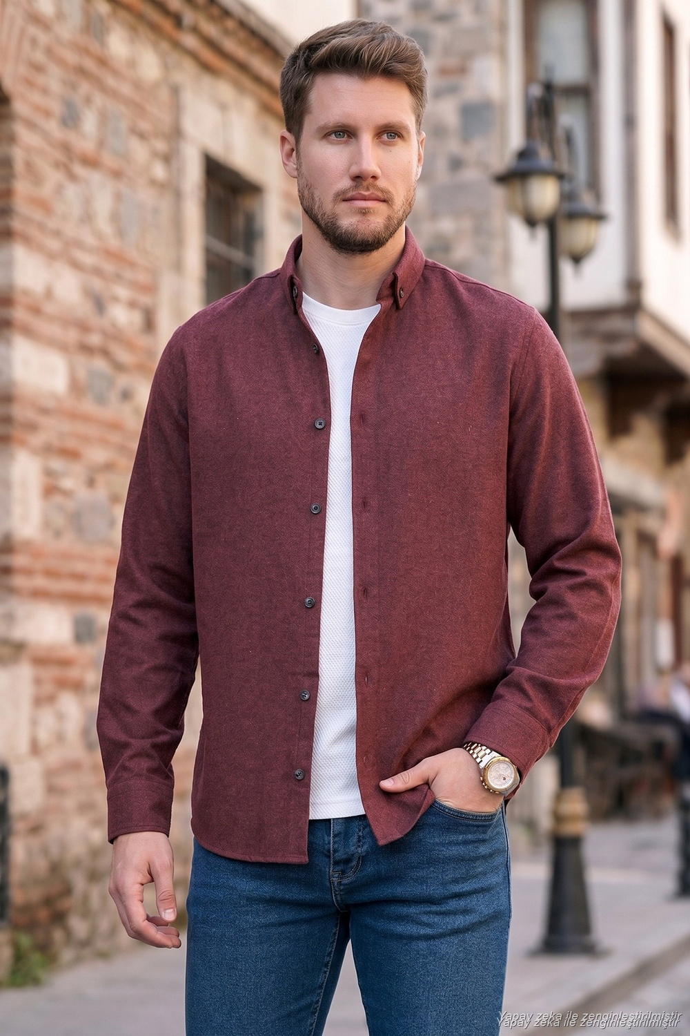 Pamuklu Regular Fit Düğmeli Yaka Kışlık Erkek Gömlek CF24W127079 BORDO