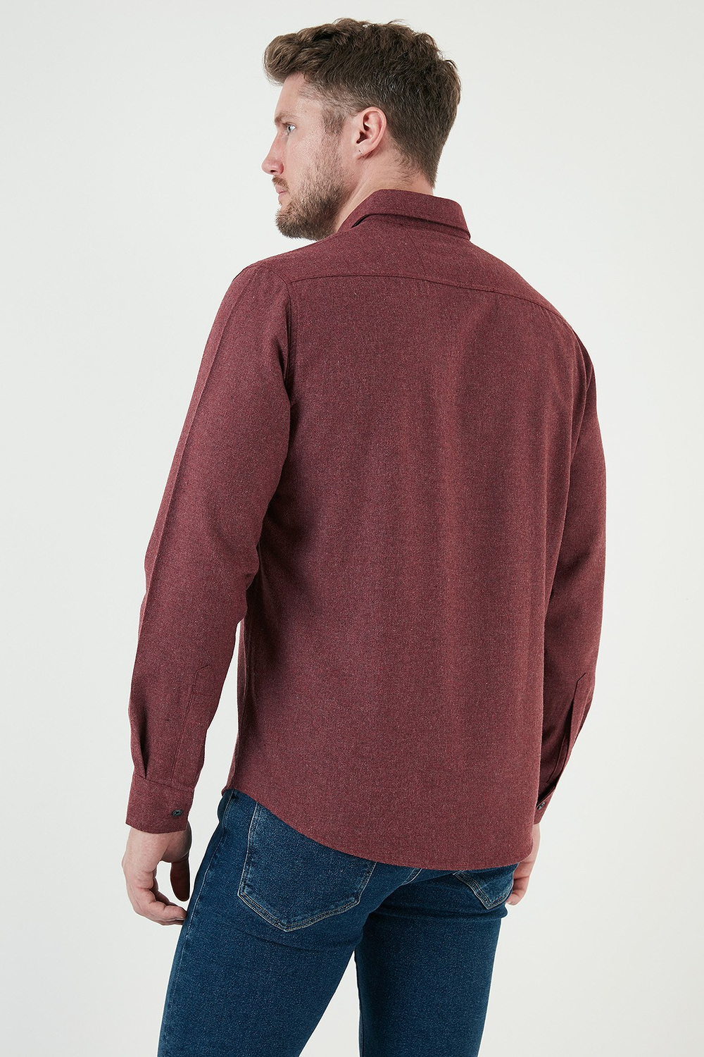 Pamuklu Regular Fit Düğmeli Yaka Kışlık Erkek Gömlek CF24W127079 BORDO
