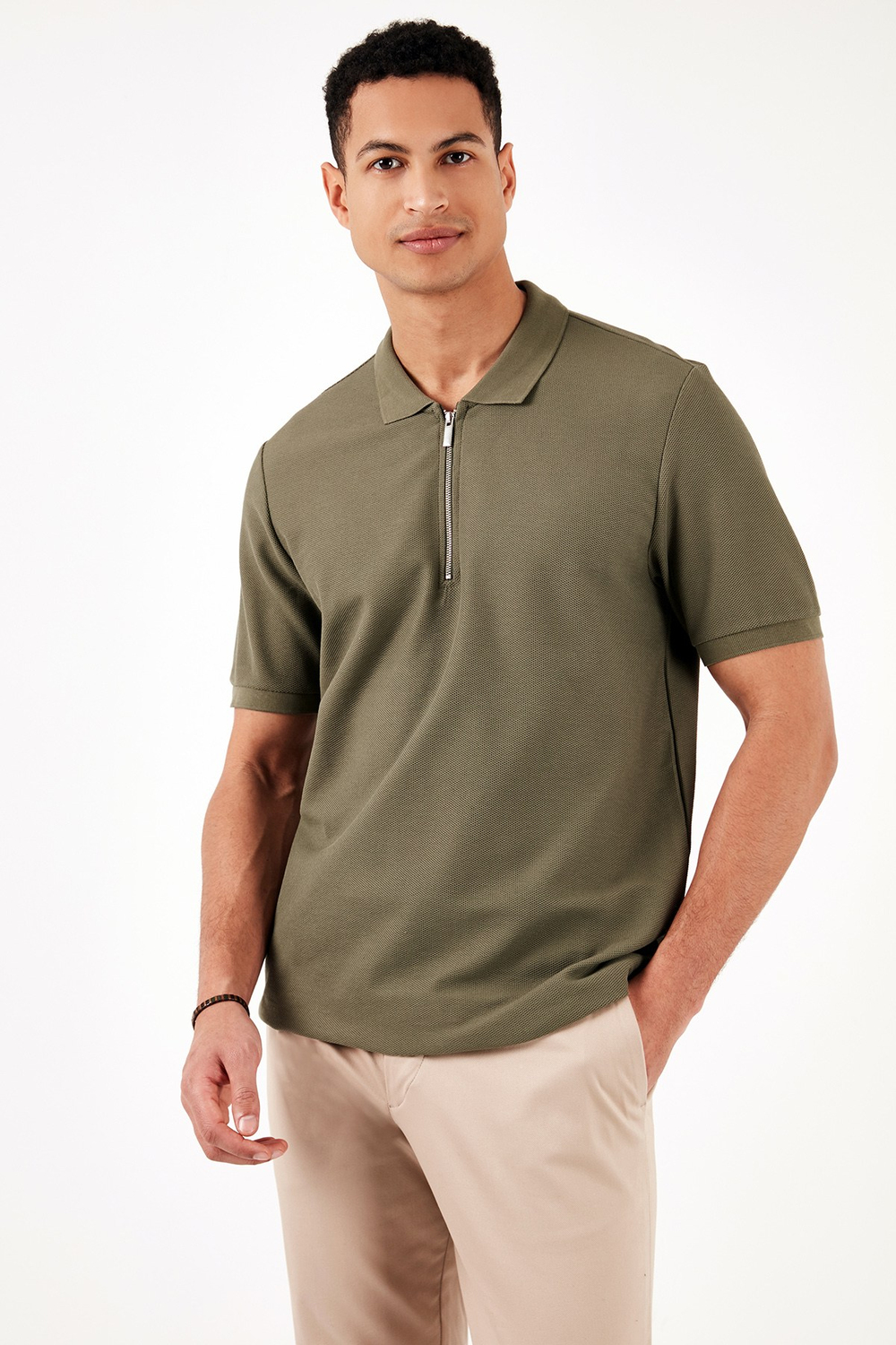 Pamuklu Regular Fit Fermuarlı Erkek Polo Yaka T Shirt 5902434 HAKİ