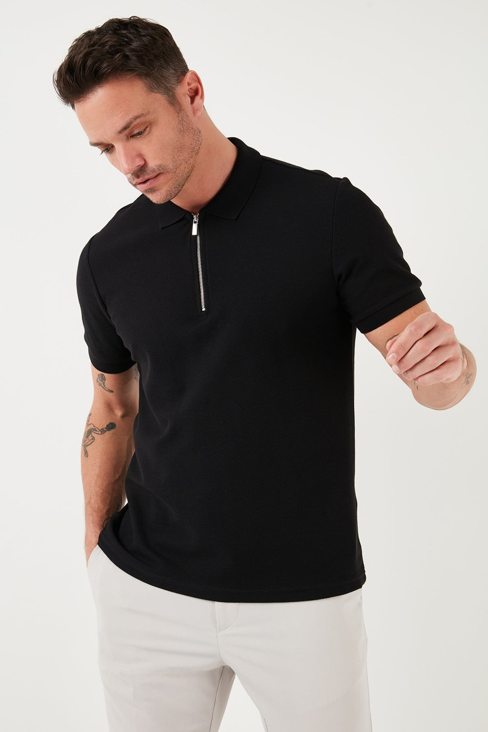 Pamuklu Regular Fit Fermuarlı Erkek Polo Yaka T Shirt 5902434 SİYAH