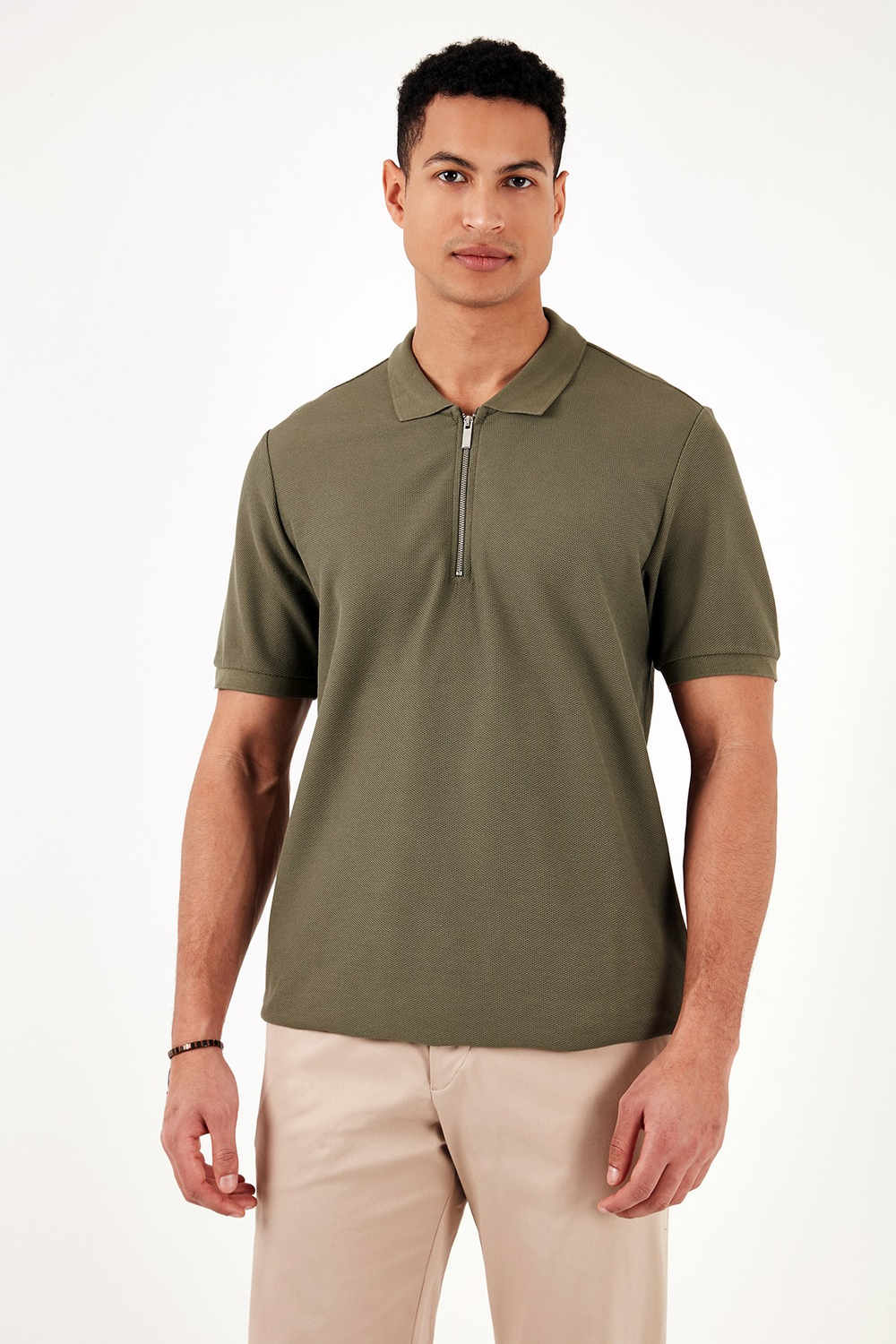 Pamuklu Regular Fit Fermuarlı Erkek Polo Yaka T Shirt 5902434 HAKİ