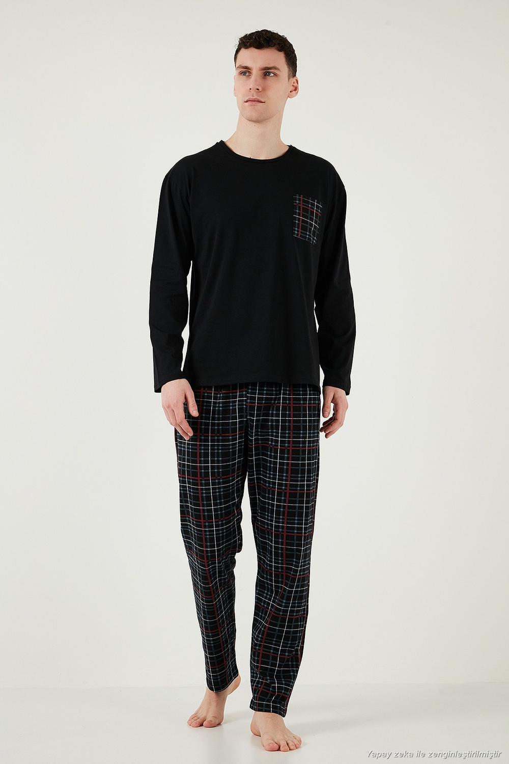 Pamuklu Regular Fit Kareli 2li Paket Erkek Pijama Takımı 657200120S2 Siyah-Füme-Siyah