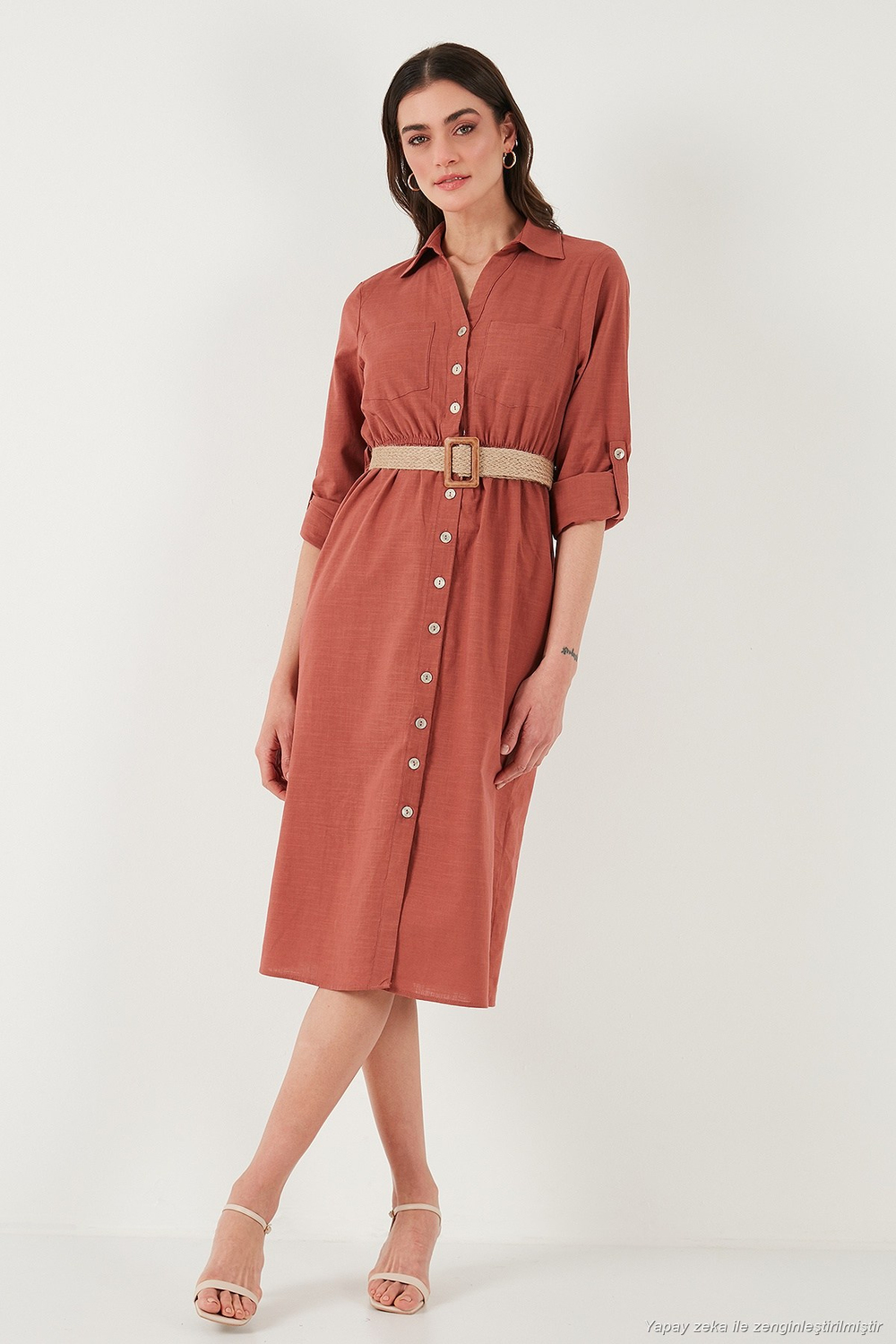 Pamuklu Regular Fit Kemerli Midi Boy Gömlek Kadın Elbise 67810301 CAMEL