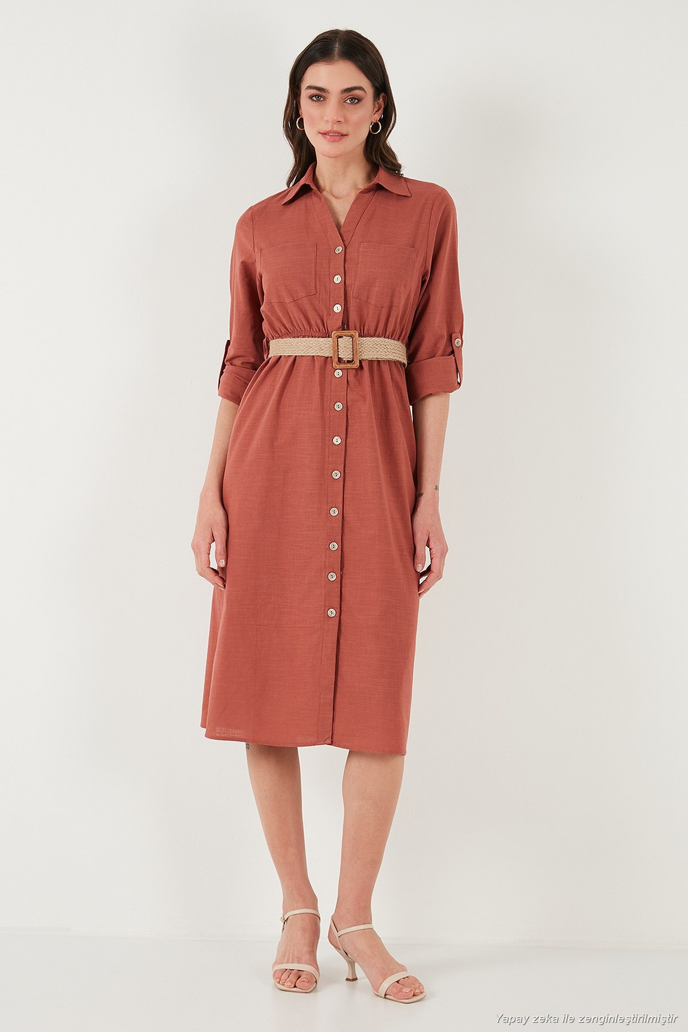 Pamuklu Regular Fit Kemerli Midi Boy Gömlek Kadın Elbise 67810301 CAMEL