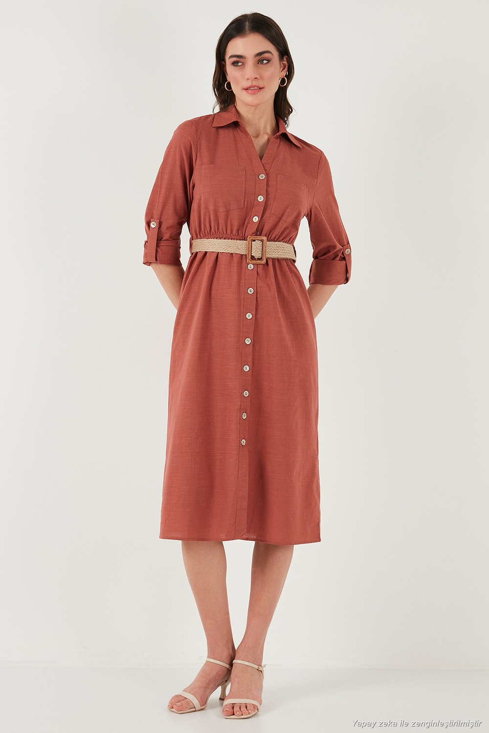 Pamuklu Regular Fit Kemerli Midi Boy Gömlek Kadın Elbise 67810301 CAMEL