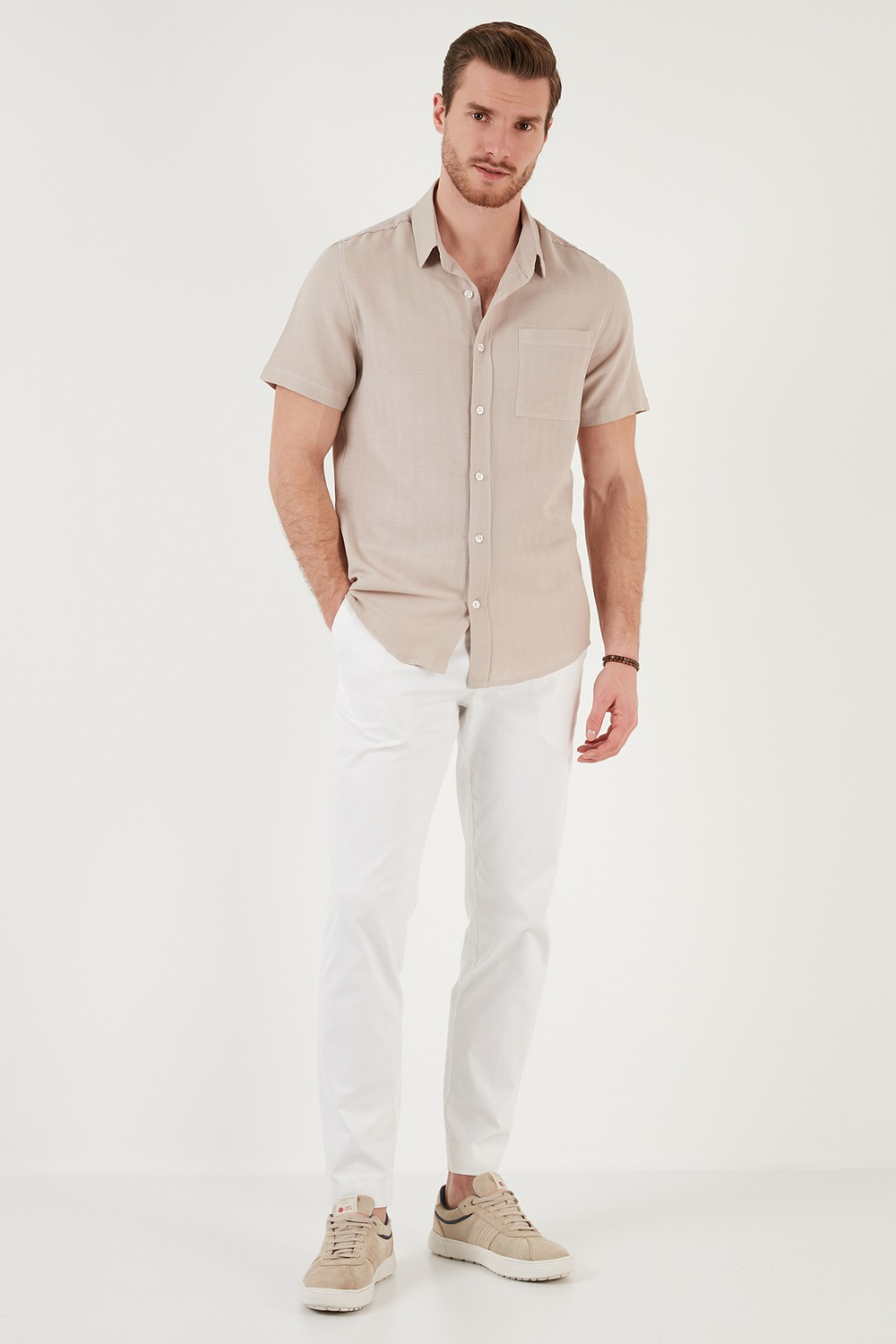 Pamuklu Regular Fit Kısa Kollu Erkek Gömlek CF24S128230 TAŞ
