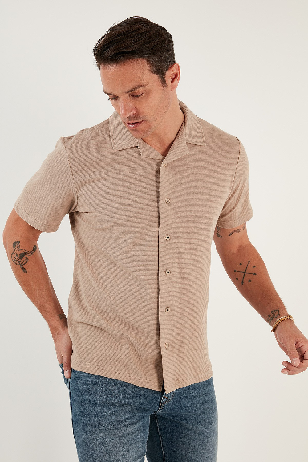 Pamuklu Regular Fit Kısa Kollu Erkek Gömlek 5902640 VİZON