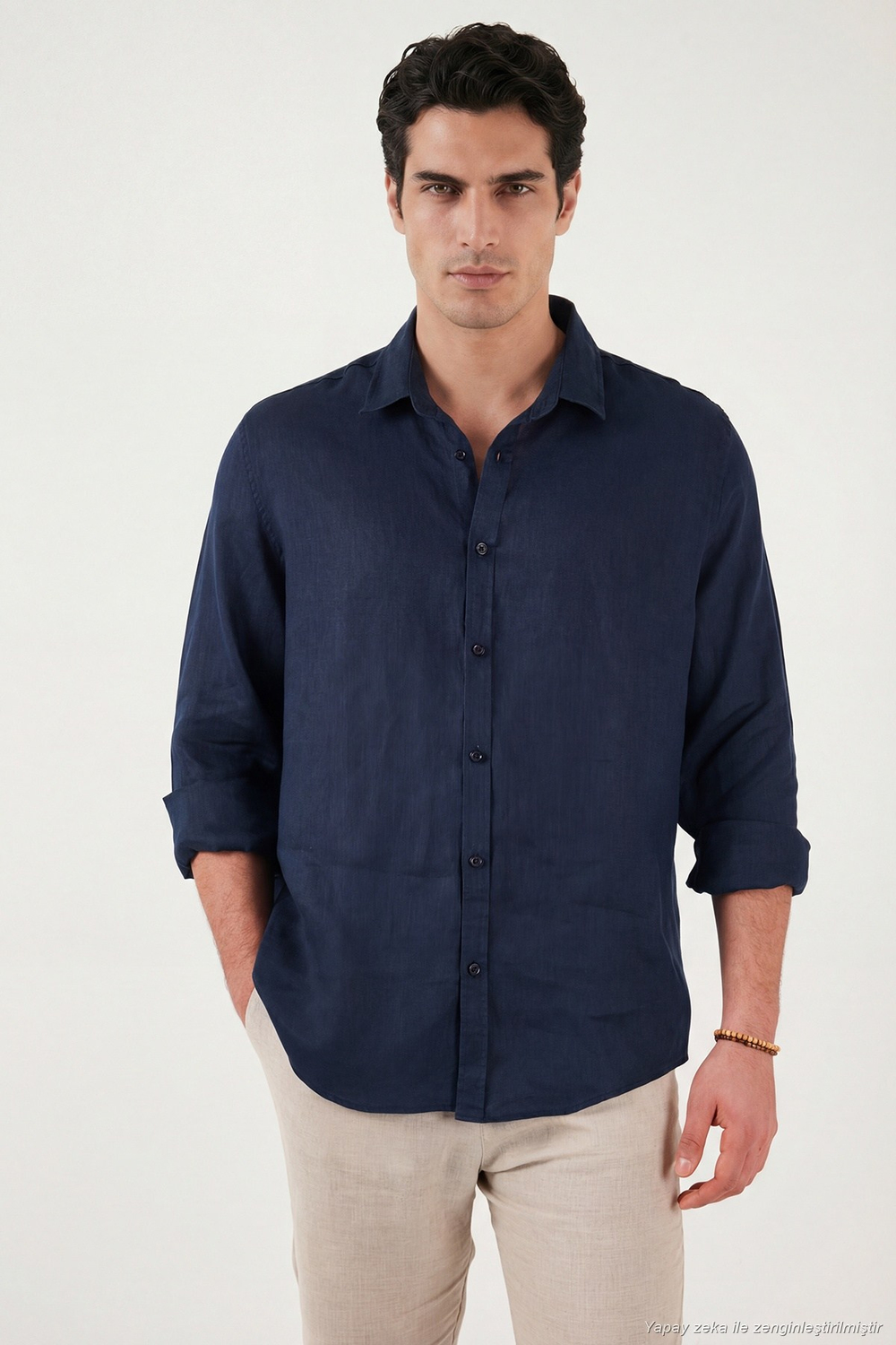 Pamuklu Regular Fit Klasik Yaka Uzun Kollu % 100 Keten Erkek Gömlek CF26S1210000 LACİVERT