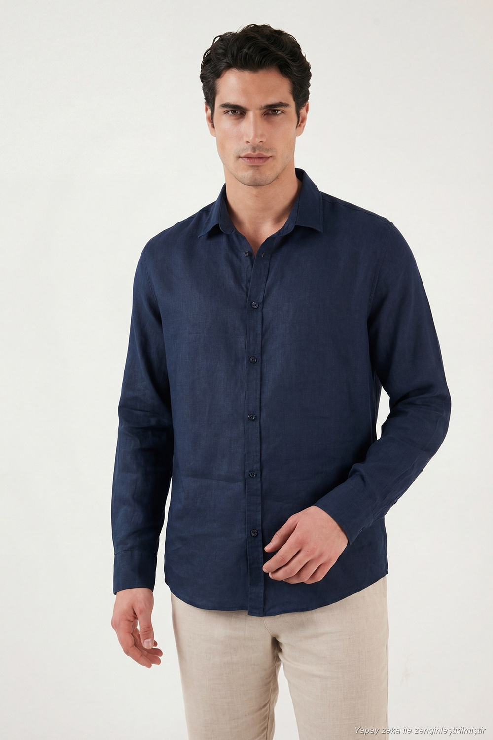 Pamuklu Regular Fit Klasik Yaka Uzun Kollu % 100 Keten Erkek Gömlek CF26S1210000 LACİVERT