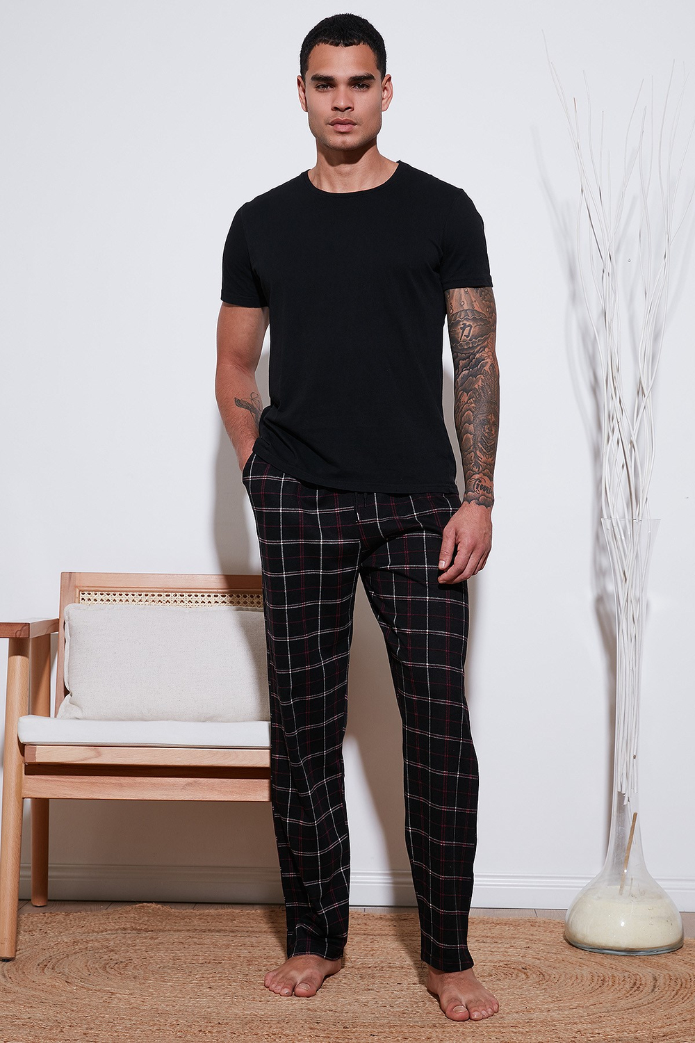 Pamuklu Regular Fit Normal Bel Düz Paça Cepli 2li Paket Erkek Pijama Altı 6574003S2 Siyah Bordo-Siyah Bordo