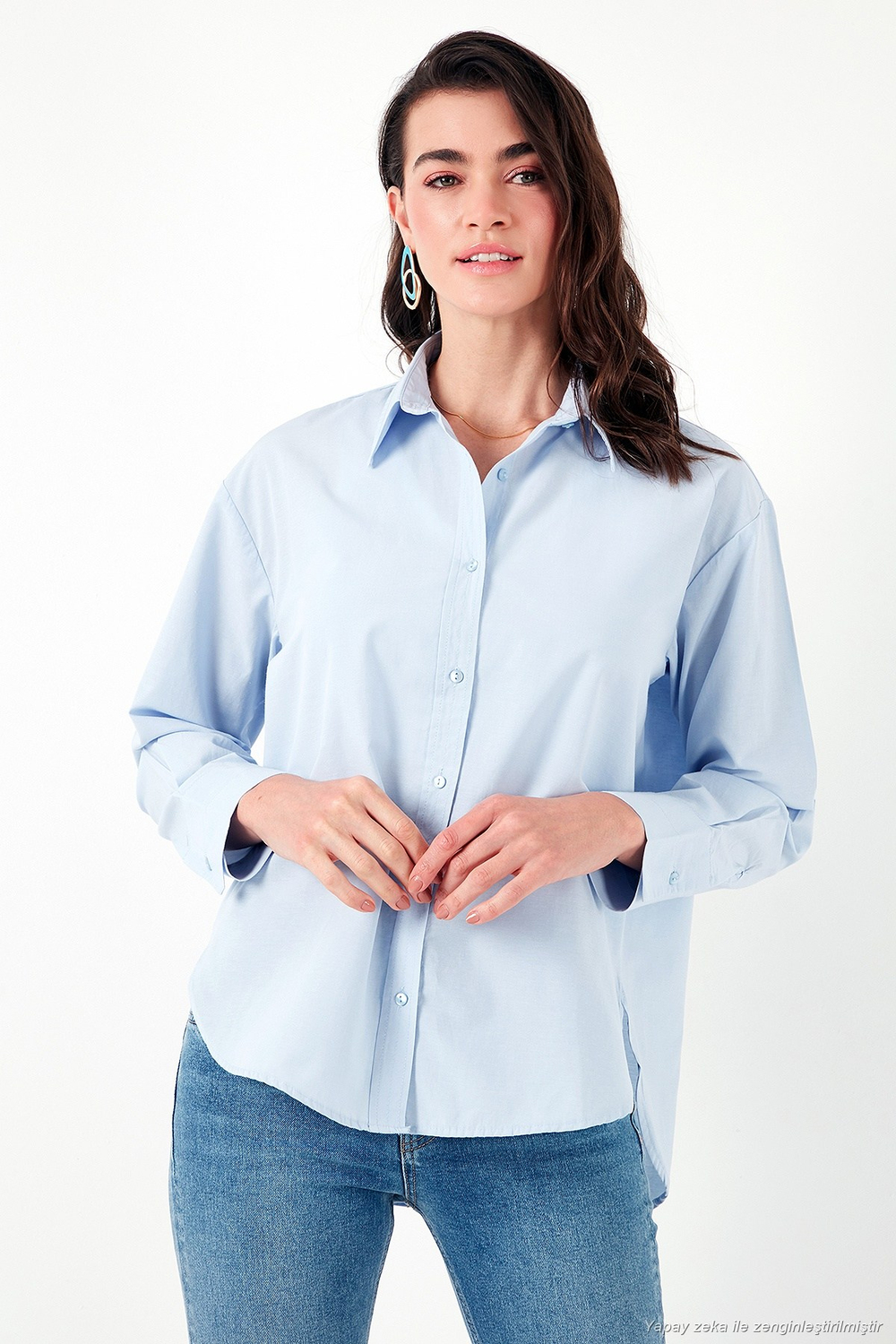 Pamuklu Regular Fit Önü Kısa Arkası Uzun Oval Kesim Kadın Gömlek CF25S163867 AÇIK MAVİ