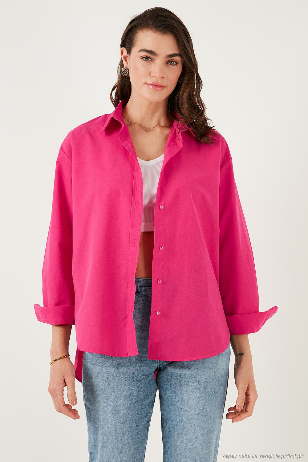 Pamuklu Regular Fit Önü Kısa Arkası Uzun Oval Kesim Kadın Gömlek CF25S163867 FUŞYA