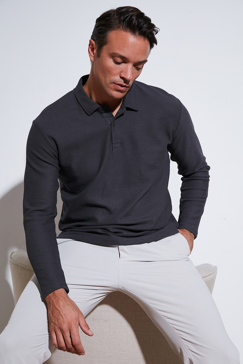 Pamuklu Regular Fit Polo Yaka Erkek Sweat 5905715 ANTRASİT