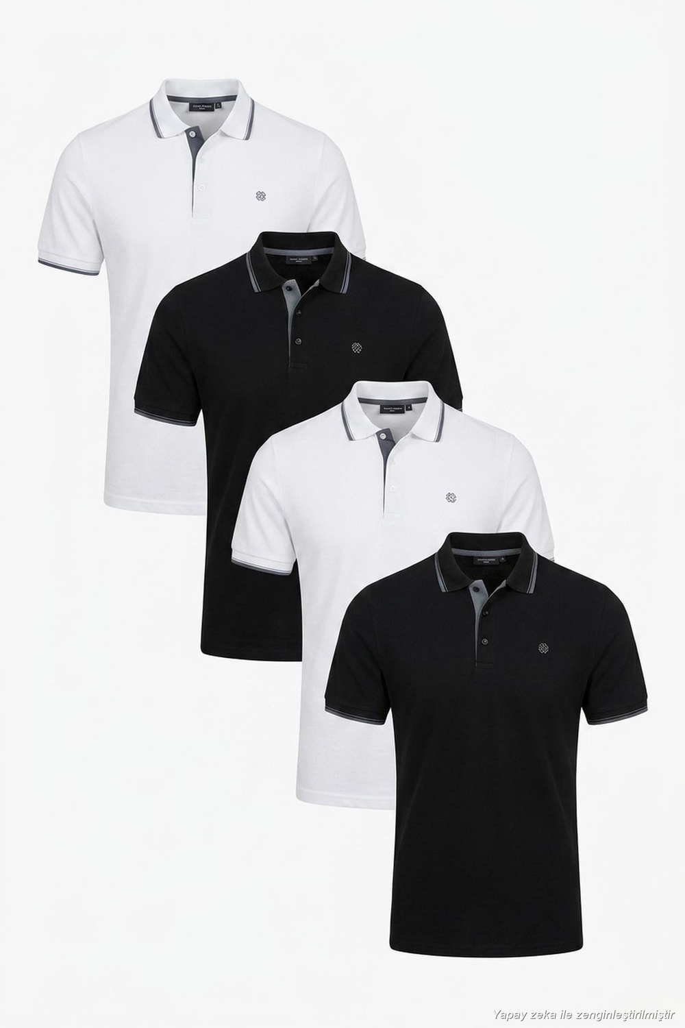 Pamuklu Regular Fit Şerit Detaylı Düğmeli Polo Yaka 4lü Paket Erkek T Shirt 5902118S4 Siyah-Siyah-Beyaz-Beyaz