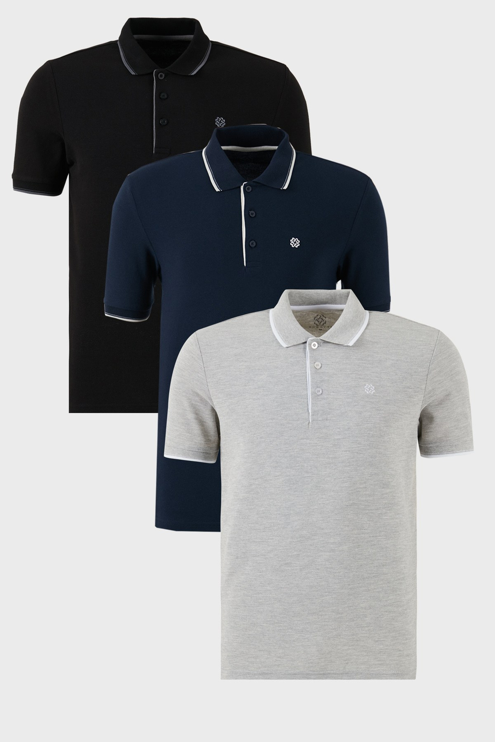 Pamuklu Regular Fit Şerit Detaylı Düğmeli Polo Yaka 3lü Paket Erkek T Shirt 5902118S3 Siyah-Gri Melanj-Lacivert