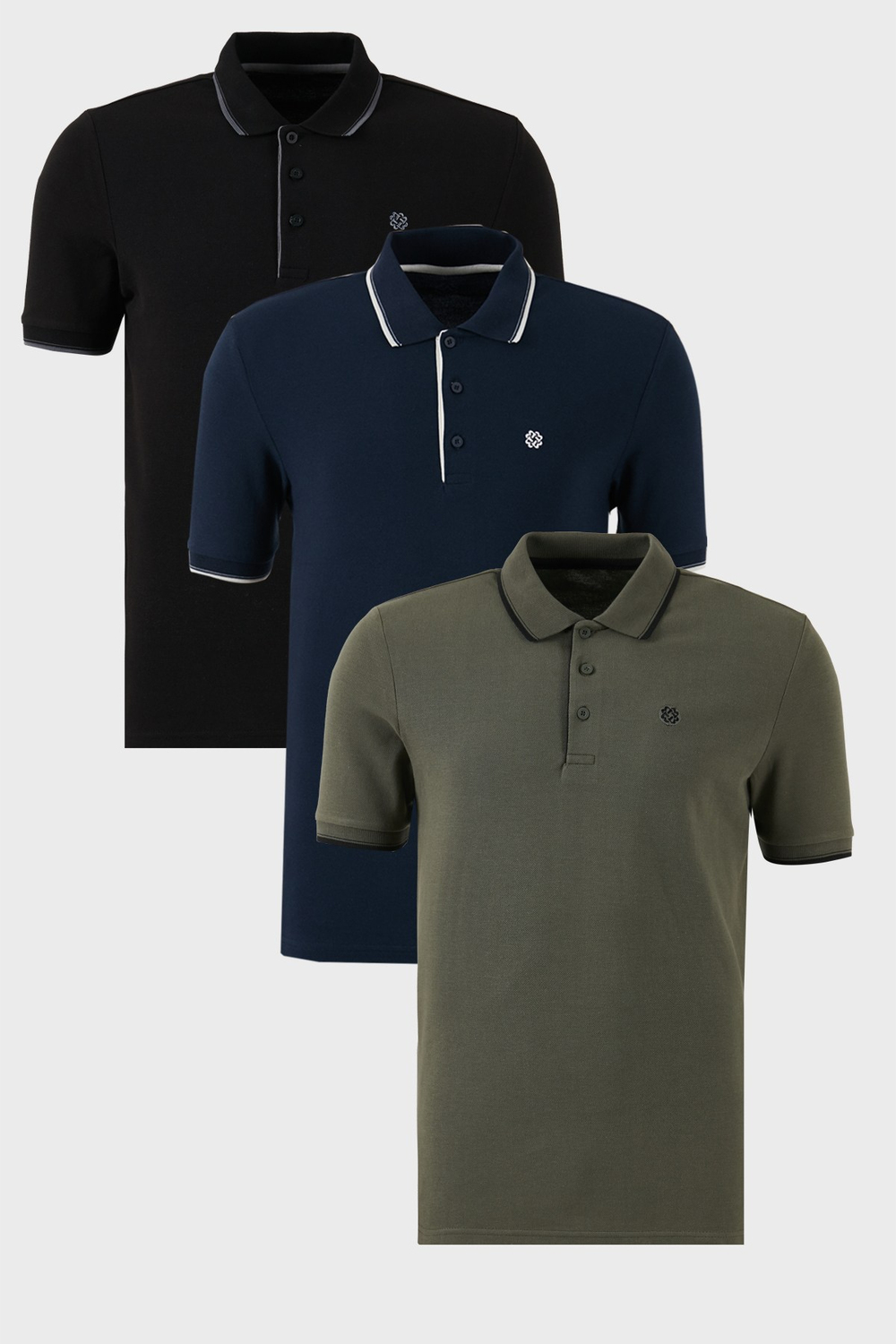 Pamuklu Regular Fit Şerit Detaylı Düğmeli Polo Yaka 3lü Paket Erkek T Shirt 5902118S3 Siyah-Haki-Lacivert